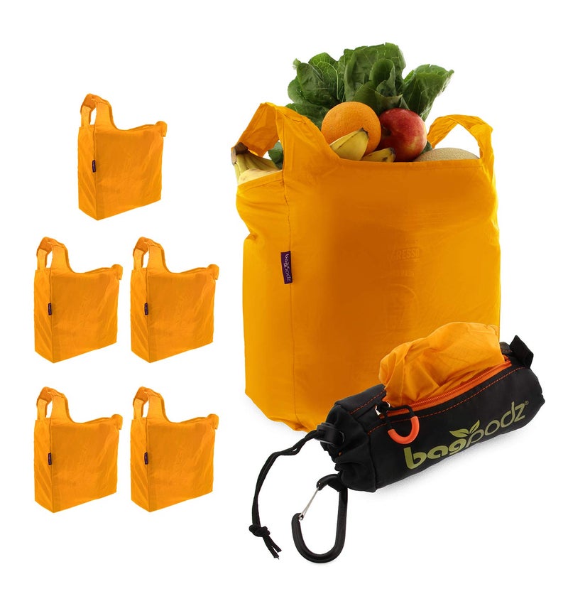 BagPodz Sturdy Reusable Grocery Bags Foldable and Washable - Made From RipStop Nylon Hold 50lbs - Designed in USA Reusable Shopping Bags Inside a Compact Pod with Carry Clip - 5 Pack in Orange - Image 1